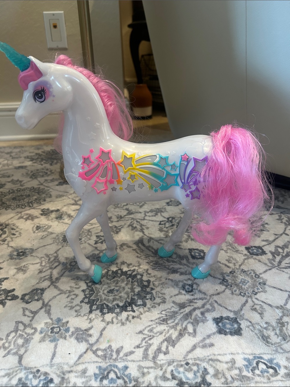 Barbie’s White and Pink- light up music Unicorn Toy with Colorful Star Decals